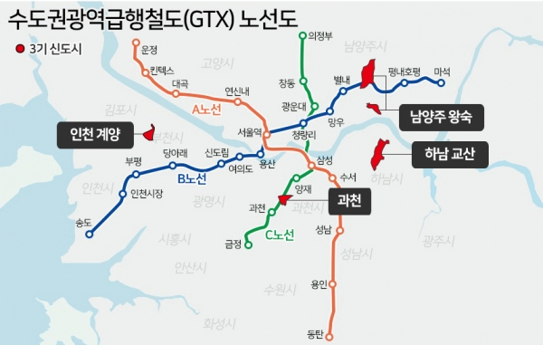 수도권광역급행철도(GTX) 노선도 및 3기 신도시 위치도 / 그래픽=조현경 디자이너