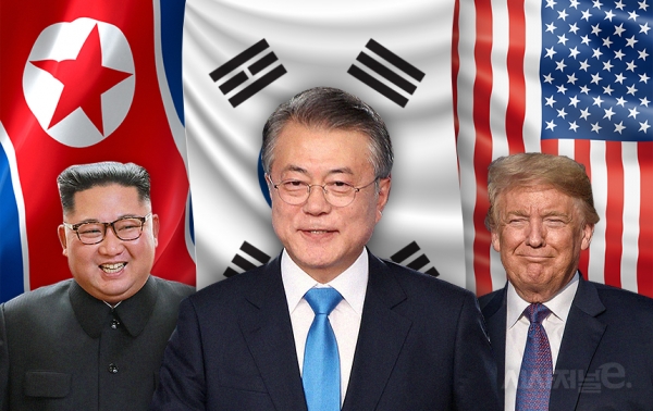 왼쪽부터 김정은 북한 국무위원장, 문재인 대통령, 도널드 트럼프 미국 대통령 모습. / 그래픽=김태길 디자이너