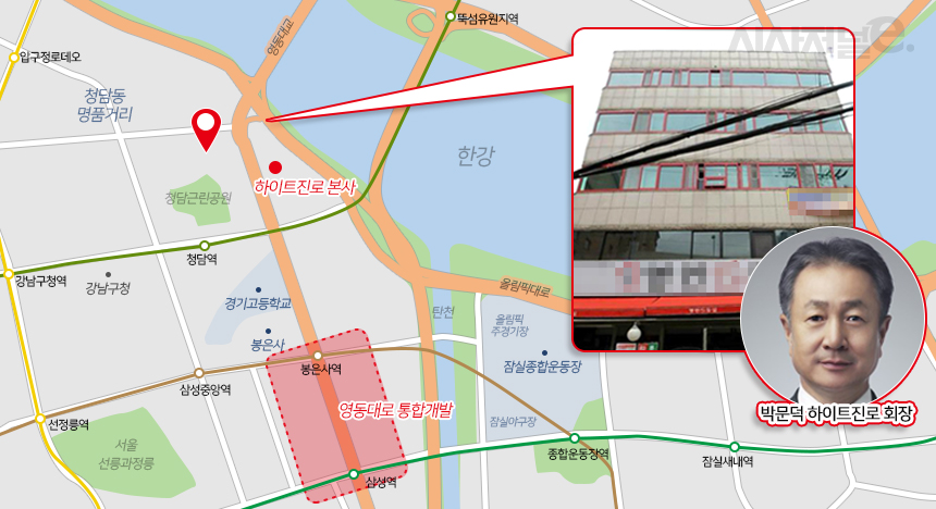 박문덕 하이트진로 회장이 최근 서울 청담동 영동대로 남단에 위치한 지하1층 지상5층 규모의 빌딩을 매입했다. / 그래픽=조현경 디자이너