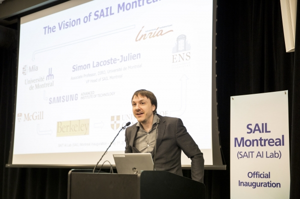 지난1일(현지시간) 열린 삼성전자 종합기술원 몬트리올 AI 랩 확장이전 행사에서 사이몬 라코스테 줄리앙(Simon Lacoste-Julien, 몬트리올大) 랩장이 환영사를 하고있다./사진=삼성전자