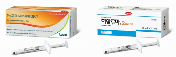 미국(왼쪽)과 한국에서 판매되는 히알루마 패키지. / 사진=한미약품