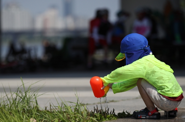 지난 25일 마포대교 아래에서 한 어린이가 잔디에 물을 주고 있다. / 사진=연합뉴스