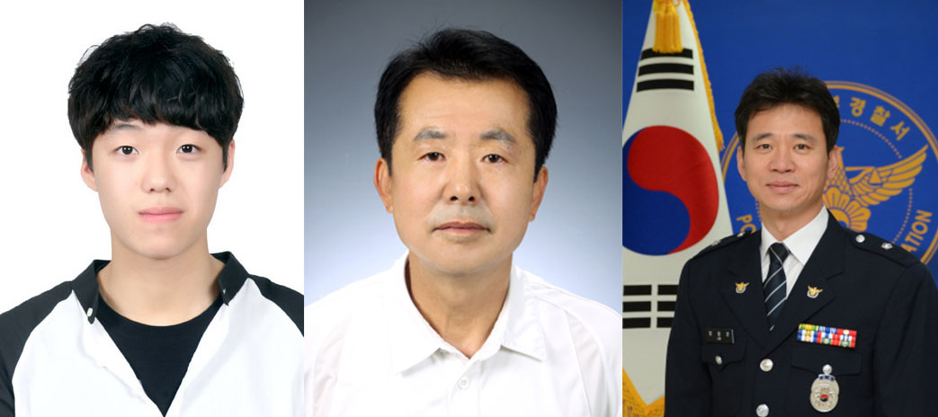 (왼쪽부터) 화재현장에서 시민들을 대표시킨 구교돈씨, 씨, 흉기난동 제압한 김영근씨, 바다에서 생명구한 임경위 경위. / 사진=LG