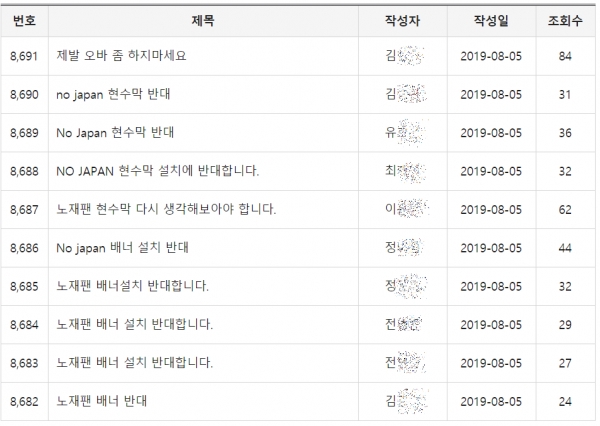 6일 오전 11시 기준 서울 중구청 홈페이지 자유게시판에 '노 재팬'기 설치를 반대하는 글 100여개가 올라와 있다.