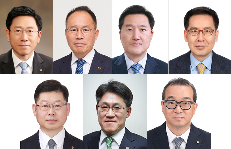 (맨 왼쪽 위부터 시계방향으로) 김연철 한화시스템 대표, 옥경석 (주)한화 기계화약방산부문 대표, 안순홍 한화테크윈 대표, 정인섭 한화에너지 대표, 류두형 한화큐셀앤드첨단소재 첨단소재부문 대표, 이구영 한화케미칼 대표. / 사진=한화, 편집=디자이너 이다인