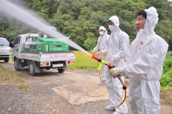 23일 농림축산식품부가 제17호 태풍 '타파'가 한반도를 빠져나간 이날 '일제 소독의 날'로 지정한 가운데 이선호 울산시 울주군수(오른쪽)가 공동방제단원과 함께 아프리카돼지열병을 예방하기 위해 양돈 농가에서 생석회를 도포하고 소독약을 살포하고 있다. /사진=연합뉴스
