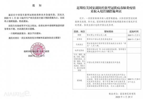 중국 여행사가 북한 당국으로 부터 받은 통지문(왼쪽)과 중국 국가이민관리국이 공개한 우한폐렴 사례. / 자료=중국 여행사, 중국 국가이민관리국