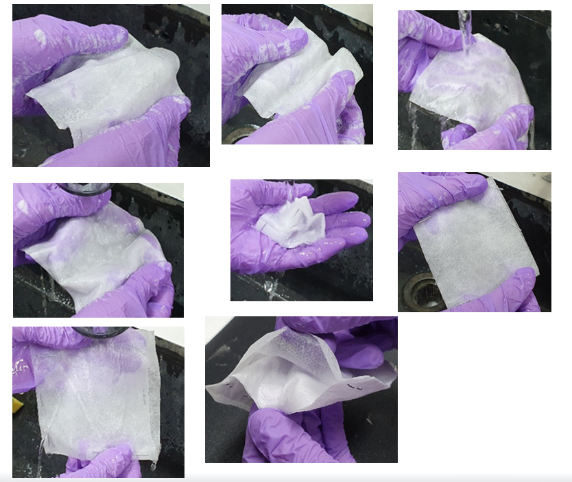 김일두 한국과학기술원(카이스트, KAIST) 신소재공학과 교수 연구팀은 세탁한 뒤에서 성능을 유지한 채 재사용 가능한 나노 마스크를 개발했다. 나노섬유 필터 멤브레인(MB)을 세척하는 모습 / 사진=카이스트