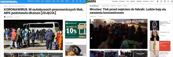 LG화학 브로츠와프 공장 근무자들의 출퇴근 과정에서 코로나19 감염이 높다는 우려를 지적한 폴란드 매체들. /사진=각 사 홈페이지 캡처