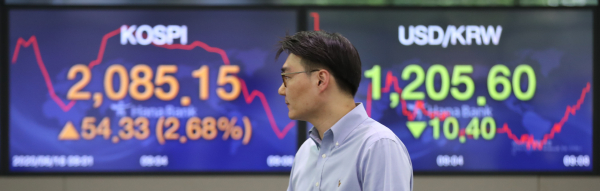 16일 한국거래소는 ‘코스피 200 선물’이 전일 종가 대비 5% 이상 상승한 상태가 5분간 지속됐다며 이날 오전 10시 52분쯤 유가증권시장에 매수 사이드카를 발동했다. / 사진=연합뉴스.