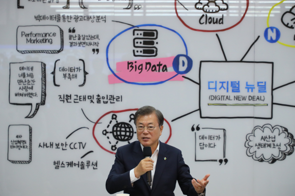 문재인 대통령이 18일  강원도 춘천에 위치한 빅데이터 플랫폼 운영기업인 더존비즈온을 방문해 디지털 뉴딜에 대해 설명했다. / 사진=연합뉴스