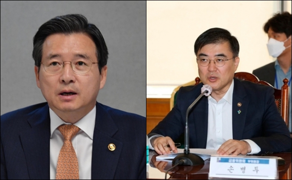 차기 산업은행 회장 후보로 거론되고 있는 김용범 기획재정부 1차관(사진 왼쪽)과 손병두 금융위원회 부위원장/사진=연합뉴스
