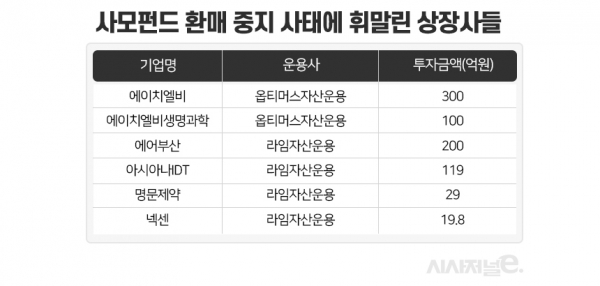 국내 일부 상장사들이 사모펀드에 투자했다가 환매 중지로 손해를 보는 사례가 연이어 나오고 있다. / 표=이다인 디자이너.