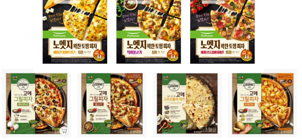 풀무원의 노엣지 피자(상단 3개)와 CJ제일제당의 고메 피자(하단 4개). /사진=풀무원, CJ더마켓 온라인몰.