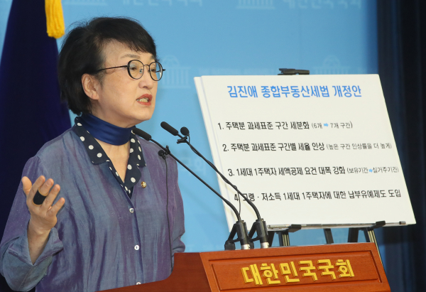 김진애 열린민주당 의원이 10일 국회 소통관에서 종부세 강화법안 발의에 대해 기자회견하고 있다.  / 사진=연합뉴스