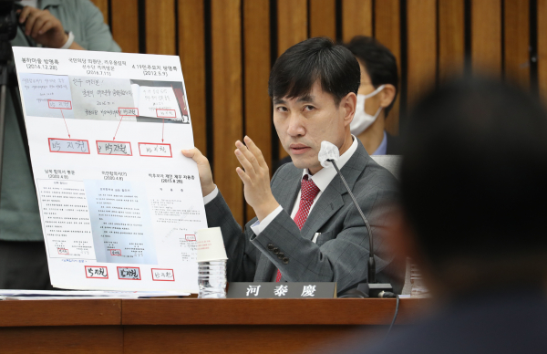 하태경 미래통합당 의원이 27일 국회 정보위원회 박지원 국가정보원장 후보자 인사청문회에서 질의하고 있다. /사진=연합뉴스