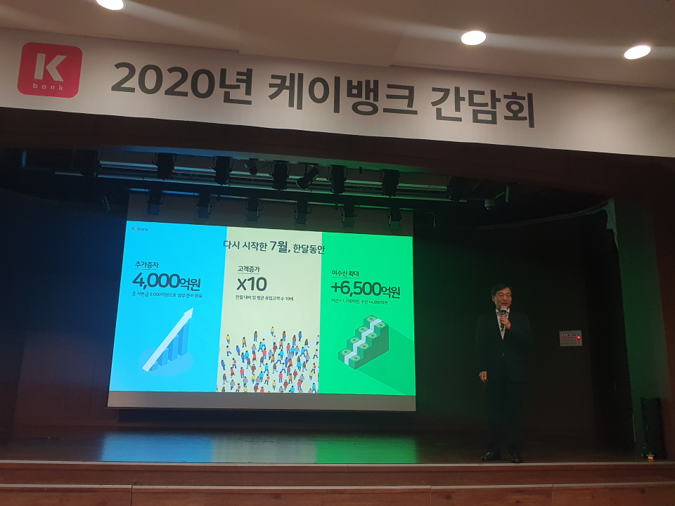 4일 서울 중구에서 열린 케이뱅크 기자간담회에서 이문환 케이뱅크 은행장이 비대면 아파트 담보대출 등 하반기 출시 예정인 혁신 상품들과 성장 방안에 대해 발표하고 있다./사진=김희진 기자