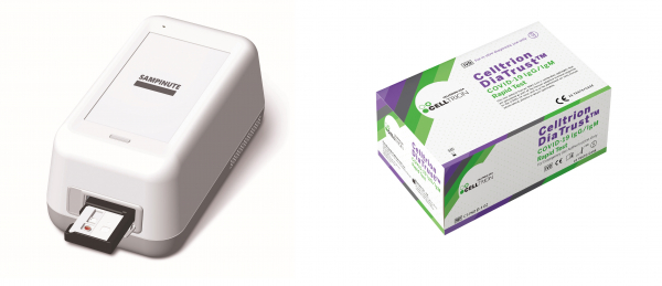 왼쪽부터 셀트리온이 BBB와 개발한 고민감도 항원진단키트 ‘샘피뉴트(SampinuteTM)’와 고효율 항체진단키트 ‘디아트러스트(DiaTrustTM)’. / 사진=셀트리온