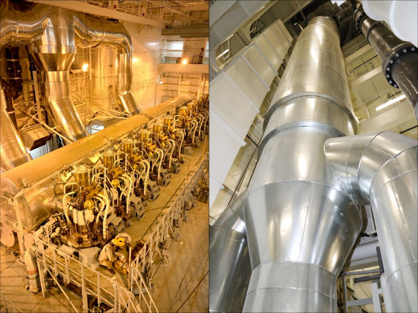 HMM 상트페테르부르크호 엔진룸(왼쪽)과 스크러버. 선박은 설계 단계부터 LNG연료탱커 탑재가 가능하게 설계됐다. LNG추진선으로의 변화가 언제든지 가능하다. /사진=HMM