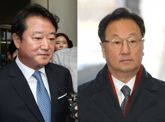 이웅열 전 코오롱그룹 회장(왼쪽)과 이우석 코오롱생명과학 대표(오른쪽). / 사진=연합뉴스
