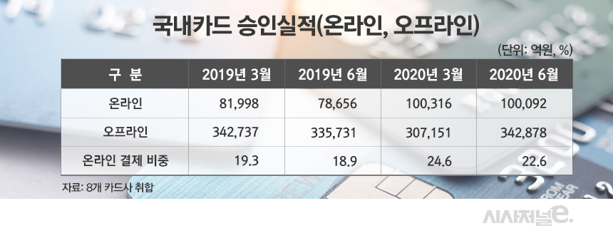 국내카드 승인실적(온라인, 오프라인)/그래픽=김은실 디자이너