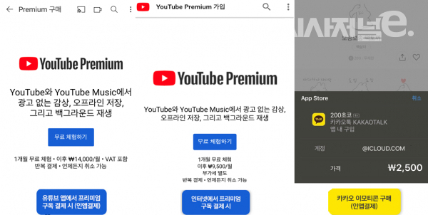 인앱결제와 인터넷 결제 비교. / 사진캡쳐=차여경 기자