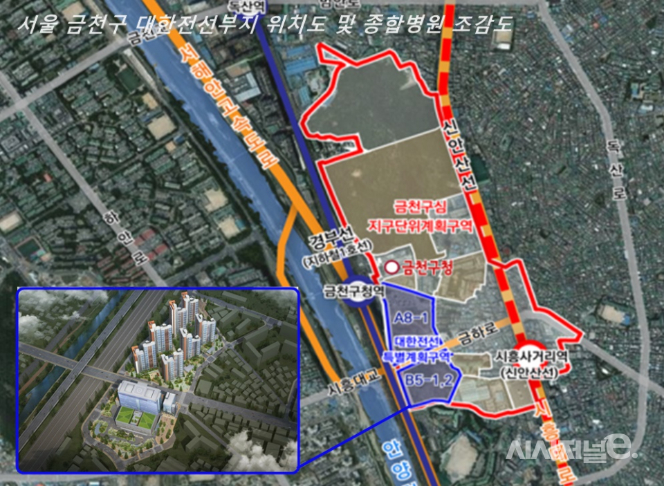 서울 금천구 대한전선부지 위치도 및 종합병원 조감도 / 자료=서울시
