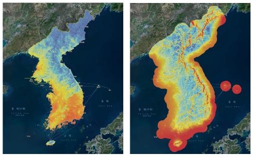 7일 한국에너지기술연구원이 공개한 태양(왼쪽)·풍력에너지 자원지도. /사진=연합뉴스