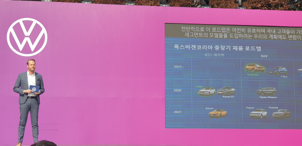 슈테판 크랍 폴크스바겐코리아 대표가 중장기 전략을 발표하고 있다. / 사진=박성수 기자