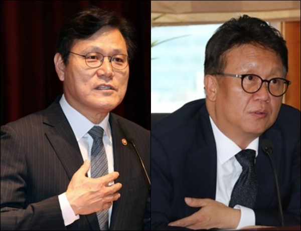 최종구 전 금융위원장(사진 왼쪽)과 민병두 전 더불어민주당 국회의원 등이 차기 은행연합회장 후보로 거론되고 있다./사진=연합뉴스