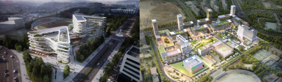 왼쪽부터 한남대 산학연혁신허브 조감도, 한양대 에리카 켐퍼스 혁신파크 조감도. / 사진=중소벤처기업부