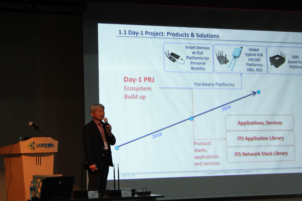 입용제 에티포스 대표가 4일 경기도 성남시 판교스타트업캠퍼스에서 열린 5G C-V2X NR 시연회에서 회사 소개를 하고 있다. / 사진 = 에티포스