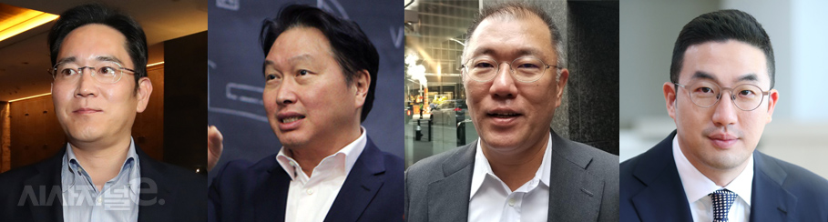 (왼쪽부터) 이재용 삼성전자 부회장, 최태원 SK회장, 정의선 현대자동차그룹 부회장, 구광모 LG회장. / 편집=디자이너 이다인