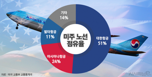 지난해 미주 노선 점유율 현황. / 그래픽=김은실 디자이너