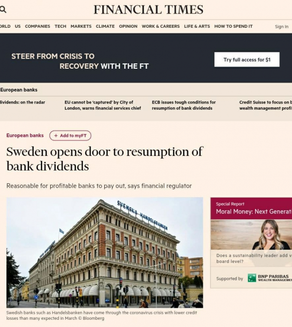 파이낸셜타임즈는 헨델스방켄 등 스웨덴 은행들이 코로나19가 확산하던 3월 당시 예상보다 올해 연말 낮은 신용손실을 기록했다고 설명했다. / 파이낸셜타임즈 홈페이지 캡쳐