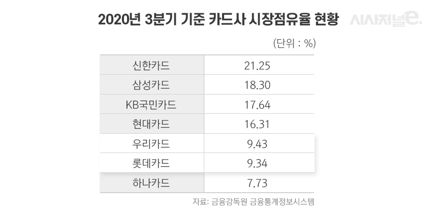 2020년 3분기 기준 카드사 시장점유율 현황/그래픽=이다인 디자이너