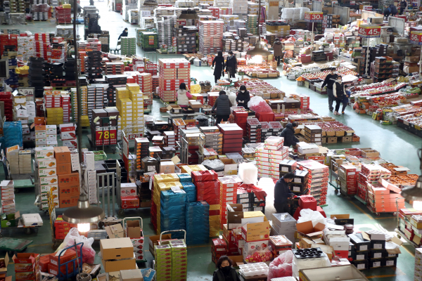 설 연휴를 앞둔 지난달 31일 부산 해운대구 반여농산물도매시장에서 상인들이 과일을 포장하고 하고 있다. / 사진=연합뉴스