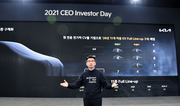 송호성 기아 사장이 9일 온라인 채널을 통해 열린 'CEO 인베스터 데이'에서 향후 기아 미래 전동화 전략에 대해 발표하고 있다. / 사진=기아