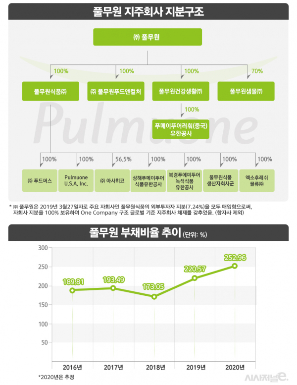 풀무원 지배구조 및 최근 부채비율 추이. / 자료=풀무원, 그래프=김은실 디자이너