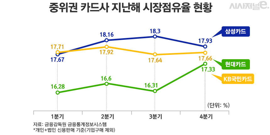 중위권 카드사 지난해 시장점유율 현황/그래픽=김은실 디자이너