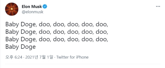 지난 1일 오후 일론 머스크 테슬라 CEO는 자신의 SNS에 베이비도지코인과 관련된 내용의 글을 올렸다.