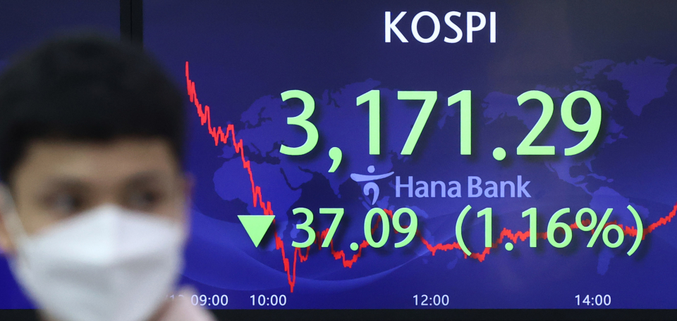 지난 13일 오후 서울 중구 하나은행 딜링룸에서 딜러들이 업무를 보고 있다. 13일 코스피 지수는 전날보다 37.09p(1.16%) 내린 3,171.29 에 거래를 마쳤다./사진=연합뉴스