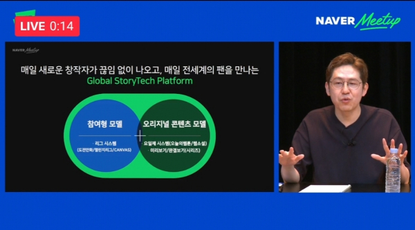 김준구 네이버웹툰 대표가 18일 온라인으로 열린 기자간담회에서 네이버웹툰의 성과에 대해 설명하고 있다. / 사진 = 온라인 기자간담회 캡처