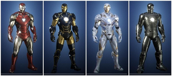 왼쪽부터 어벤져스: 엔드게임, 모던, 뉴 스타크 시티, 마크-1 콘셉트로 구성한 아이언맨 코스튬. /이미지=넷마블