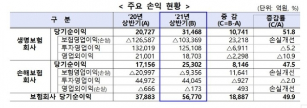 보험사 2021년 상반기 당기순이익 현황 /자료=금융감독원