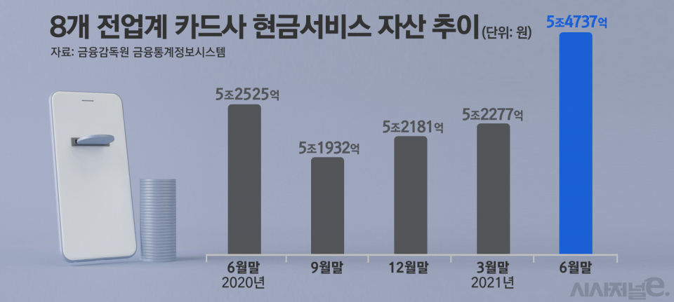 8개 전업계 카드사 현금서비스 자산 추이/그래픽=김은실 디자이너