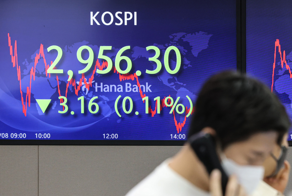 8일 오후 서울 중구 하나은행 본점 딜링룸에 코스피 종가가 표시돼 있다. / 사진=연합뉴스