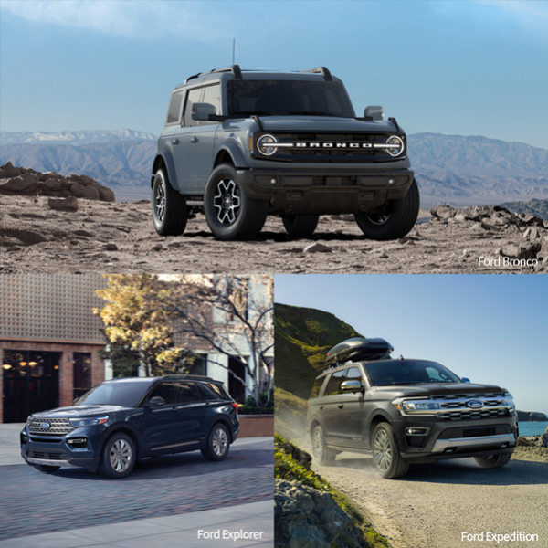 내년 상반기 출시 예정인 포드의 신형 SUV 차량들. (위에서부터 시계방향으로) 브롱코, 익스페디션, 익스플로러 / 사진=포드코리아