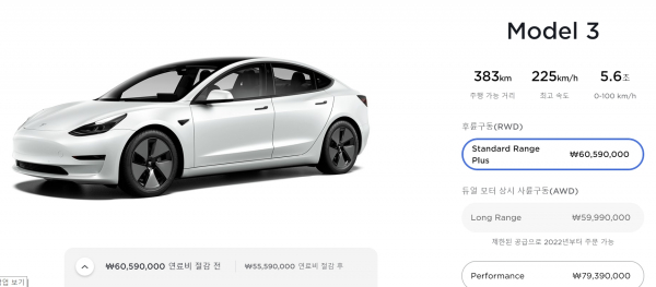 지난달 모델3 판매가격. 판매가 중단된 롱 레인지 트림의 가격이 5999만원으로 명시돼 있다. / 사진=테슬라 코리아 홈페이지