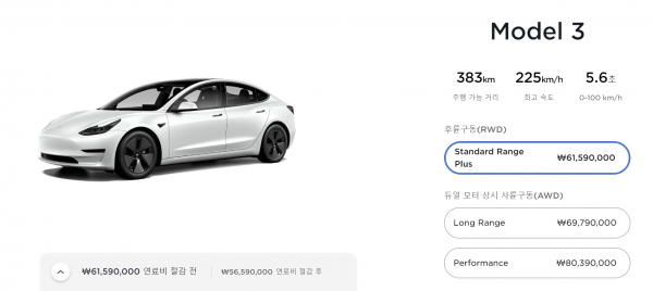 모델3 판매가격 / 캡쳐=테슬라 코리아 홈페이지